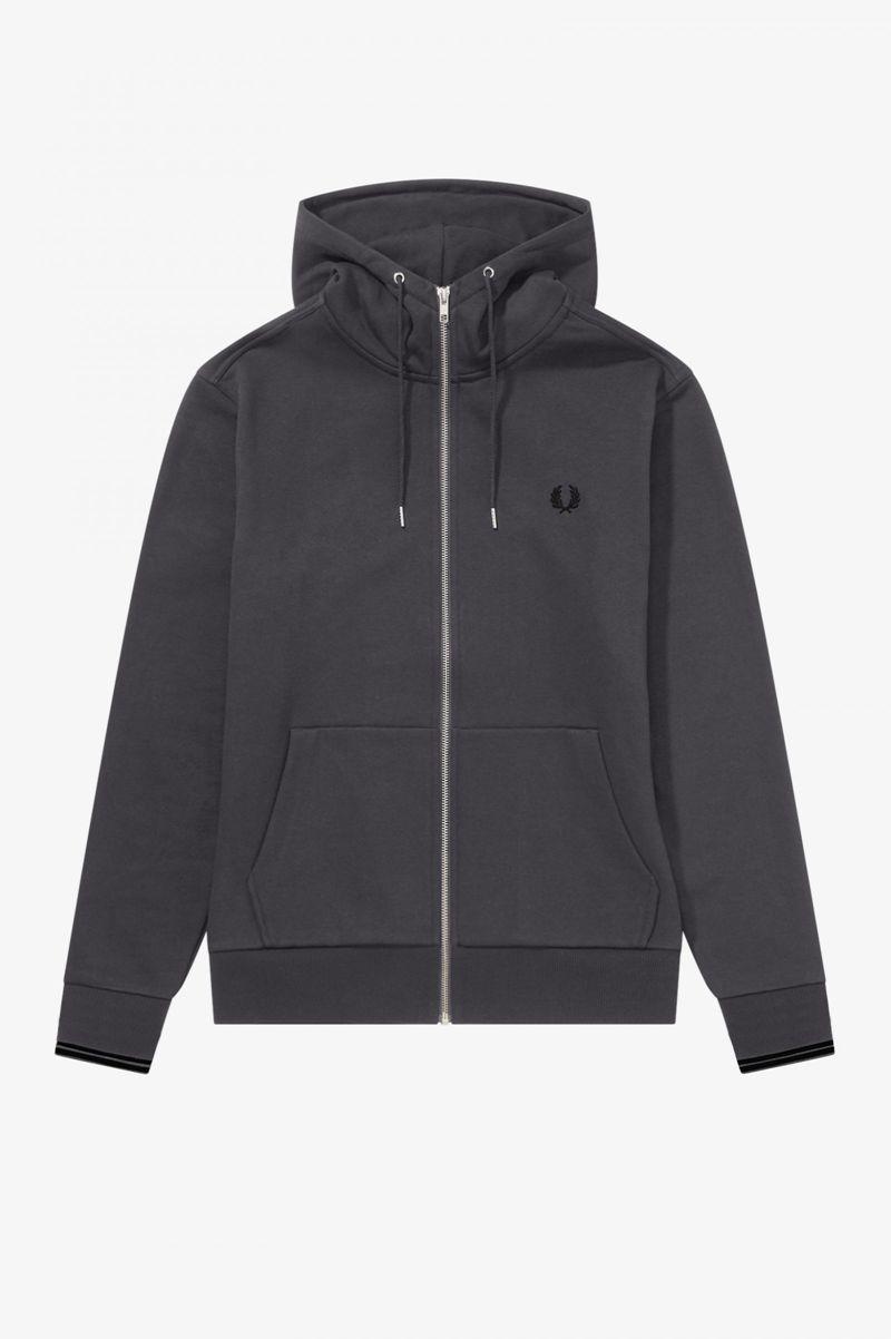 Black Fred Perry Hooded Zip Through Men\'s Sweatshirts | PH 1588FDNM